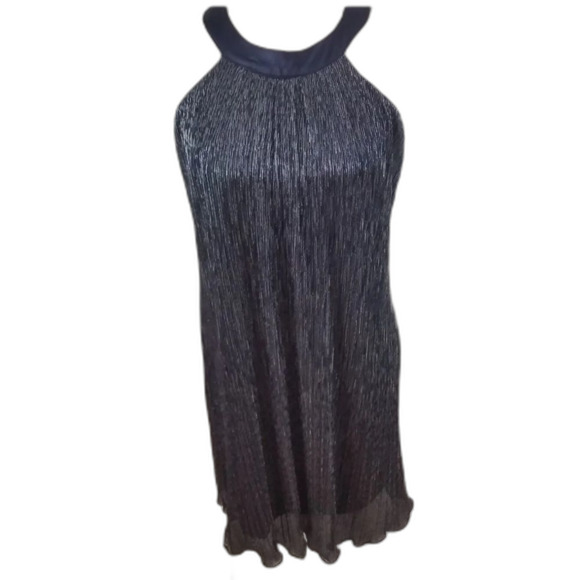 Enfocus Studio Navy and Silver Micro Pleated High Neck Sleeveless Dress Size 6 - Picture 3 of 14